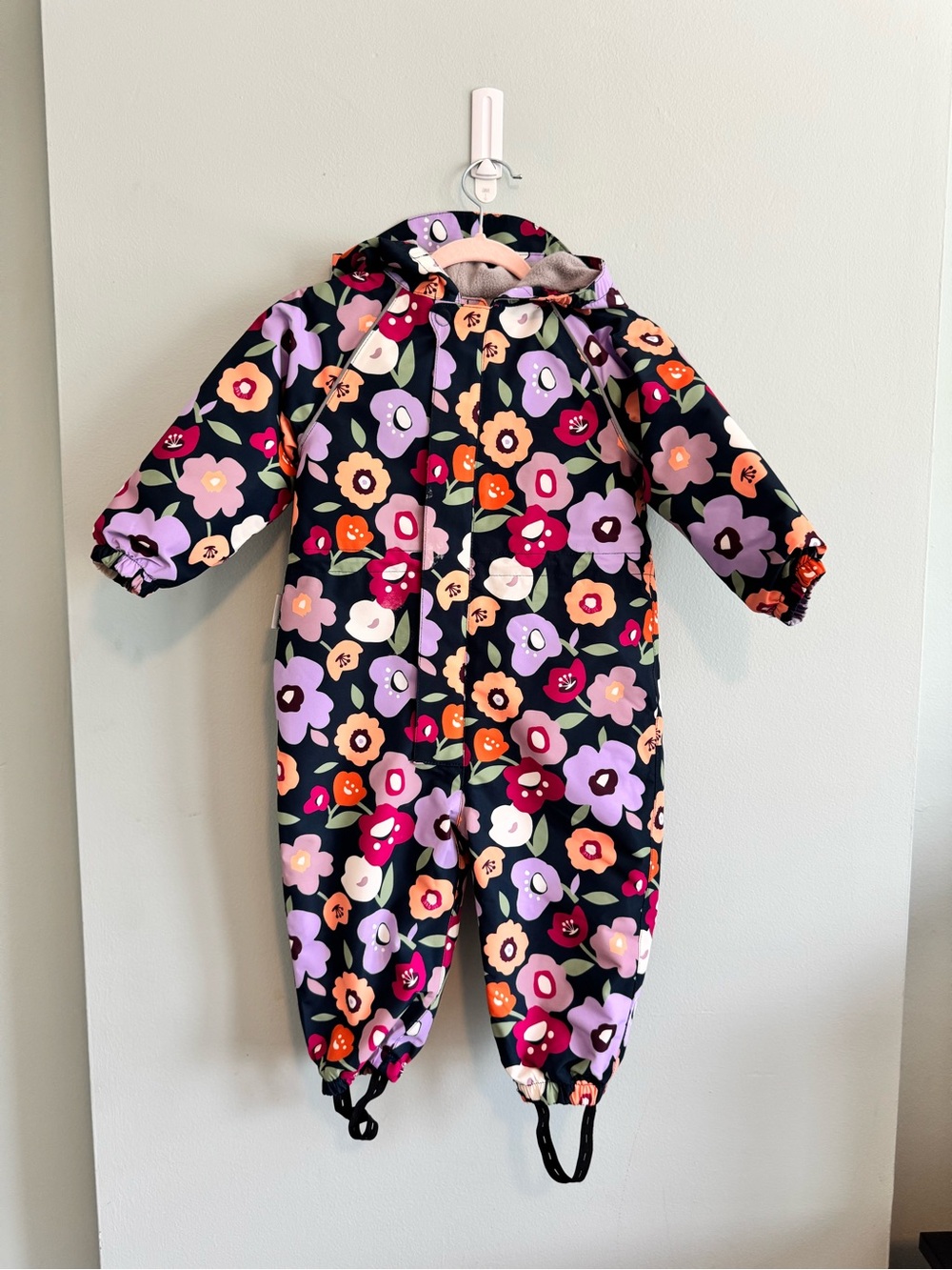 Kids Floral Hooded One-Piece Snowsuit in Navy with Purple & Pink Flowers